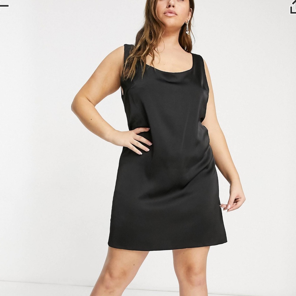 Never worn satin scoop neck dress in black